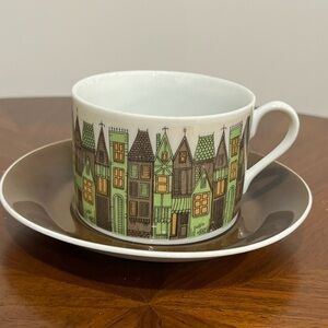 Vintage Mid Century Japanese Teacup & Saucer – Retro Village Houses Pattern